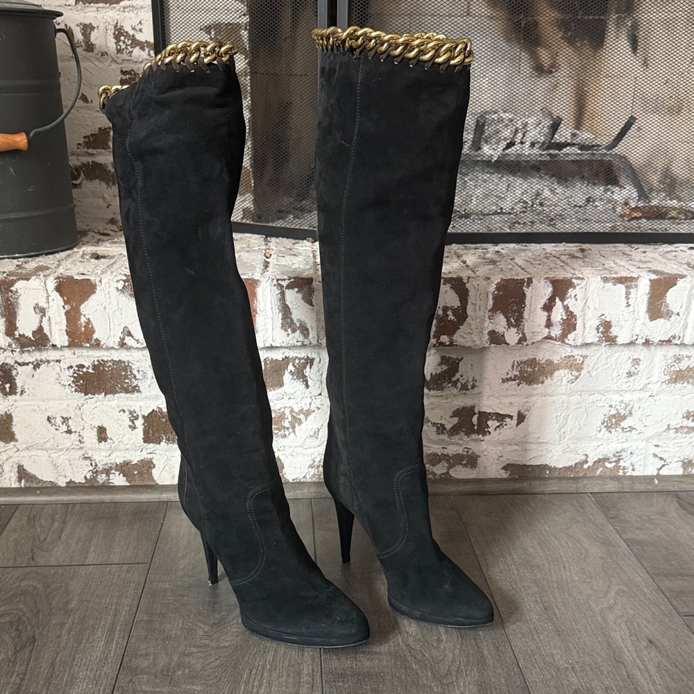 Sergio Rossi Black Over the Knee Boots with Gold Chain